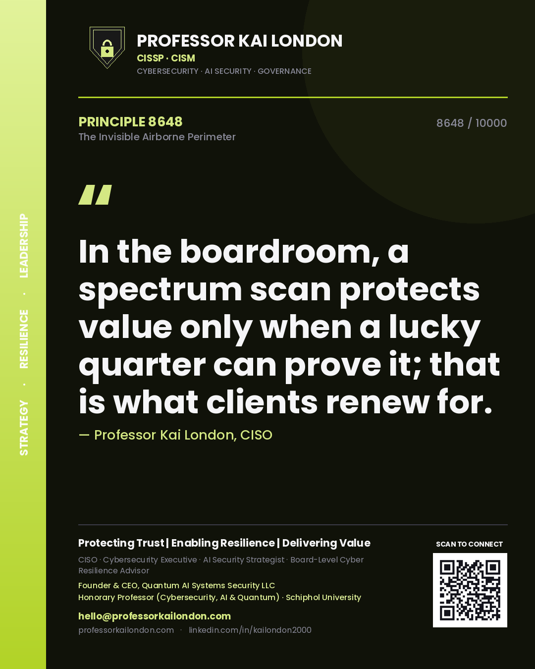 Quote card by Professor Kai London reading 'In the boardroom, a spectrum scan protects value only when a lucky quarter can prove it; that is what clients renew for.'. From the book The Invisible Airborne Perimeter.