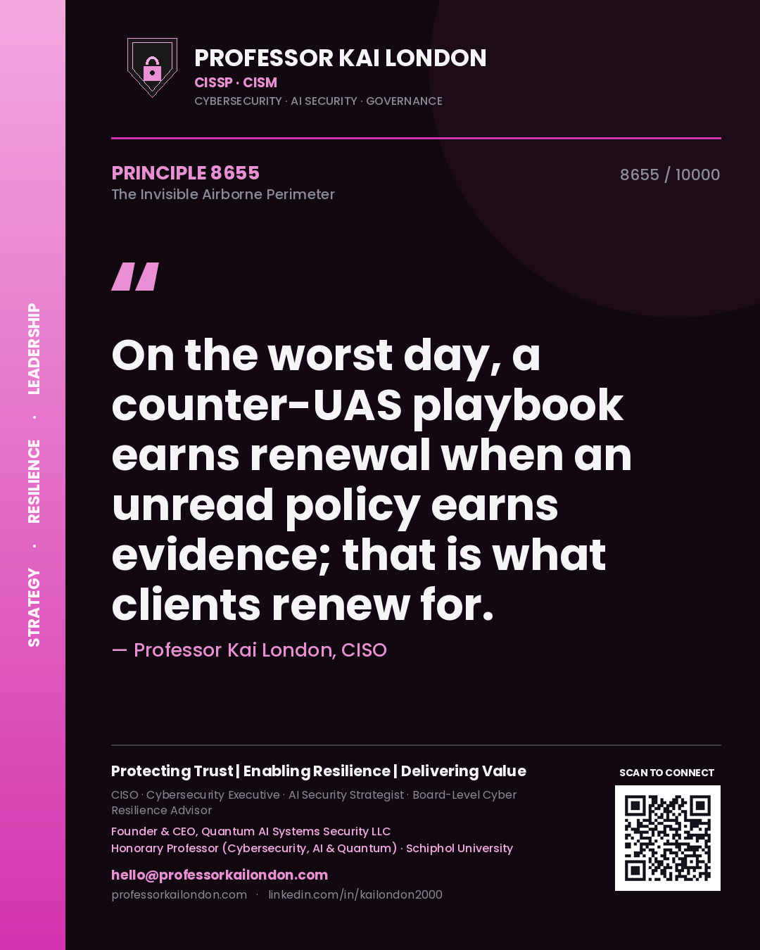 Quote card by Professor Kai London reading 'On the worst day, a counter-UAS playbook earns renewal when an unread policy earns evidence; that is what clients renew for.'. From the book The Invisible Airborne Perimeter.