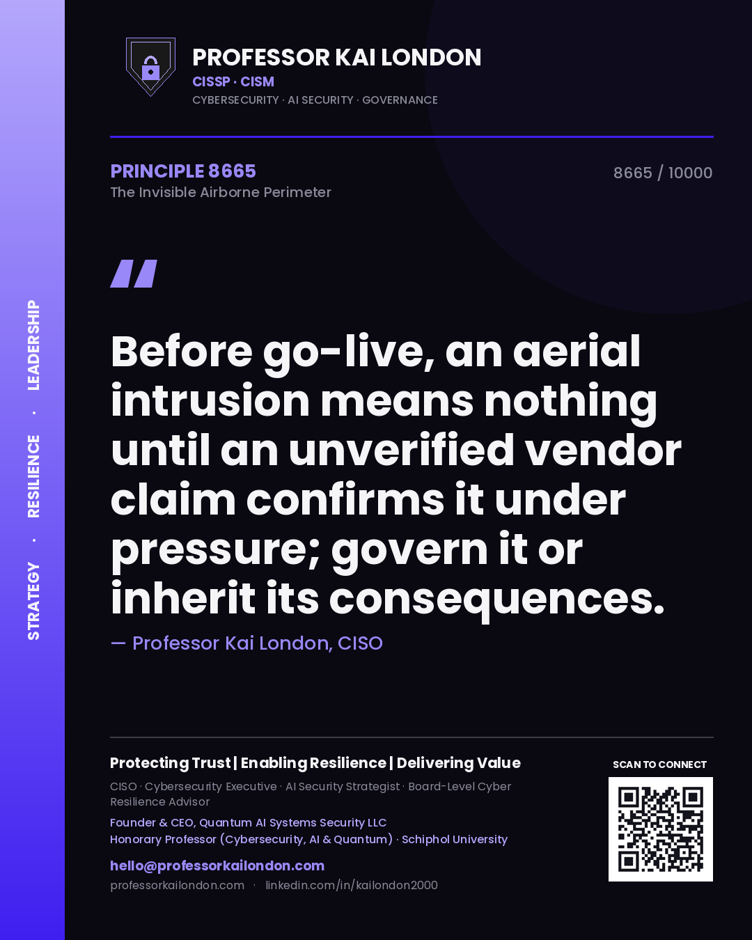 Quote card by Professor Kai London reading 'Before go-live, an aerial intrusion means nothing until an unverified vendor claim confirms it under pressure; govern it or inherit its consequences.'. From the book The Invisible Airborne Perimeter.
