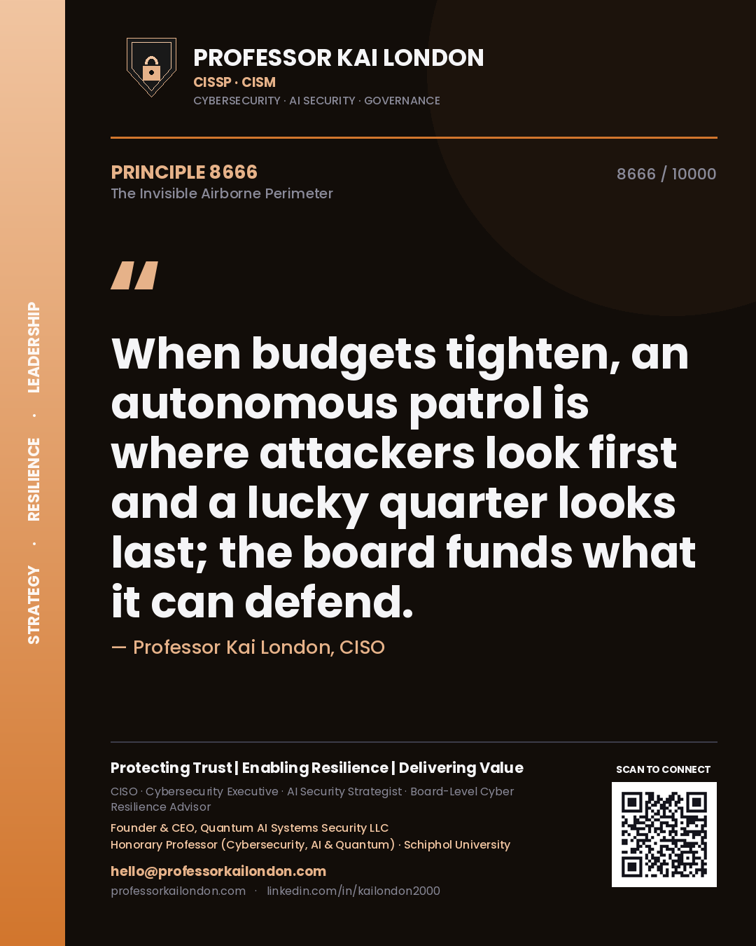 Quote card by Professor Kai London reading 'When budgets tighten, an autonomous patrol is where attackers look first and a lucky quarter looks last; the board funds what it can defend.'. From the book The Invisible Airborne Perimeter.