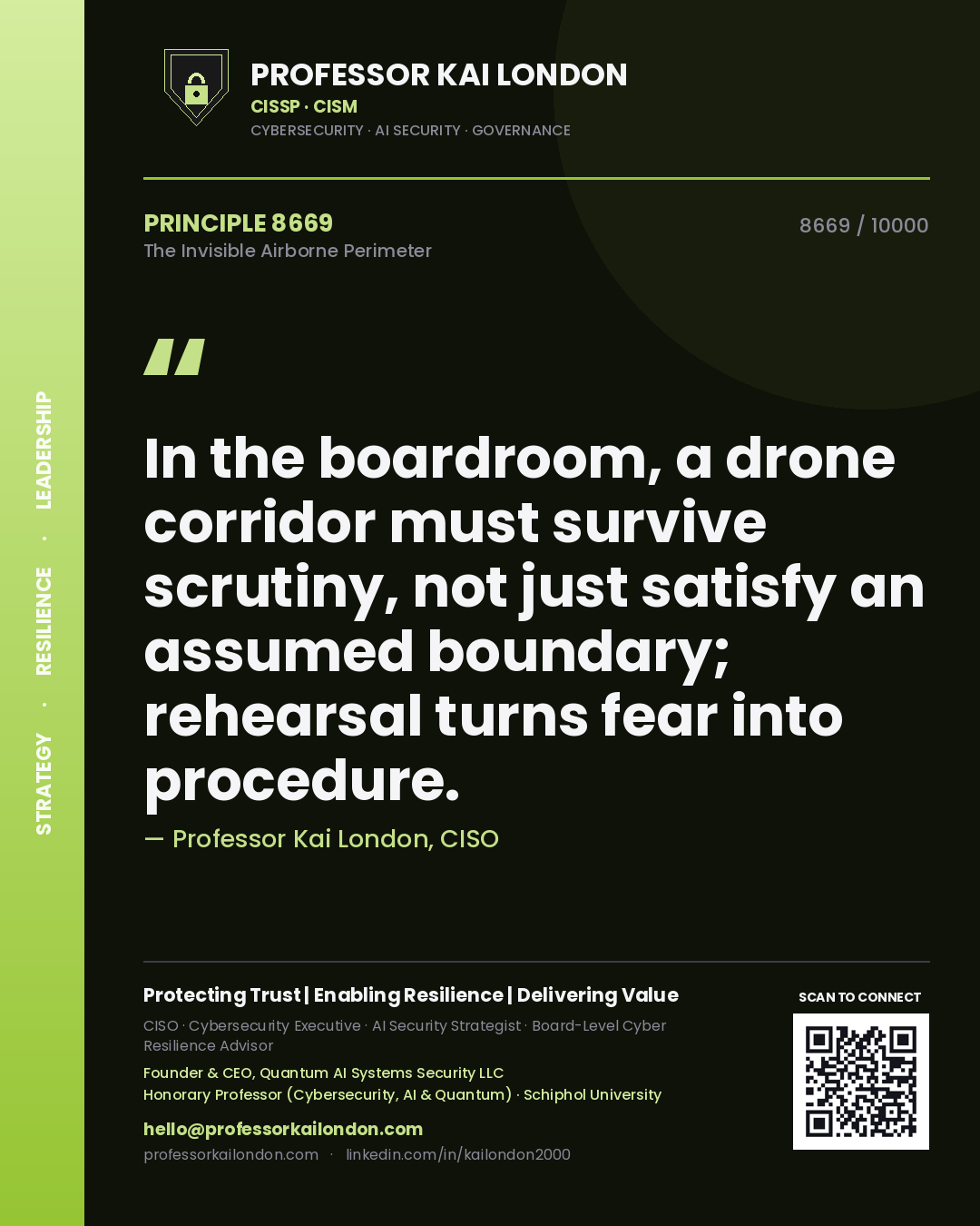 Quote card by Professor Kai London reading 'In the boardroom, a drone corridor must survive scrutiny, not just satisfy an assumed boundary; rehearsal turns fear into procedure.'. From the book The Invisible Airborne Perimeter.