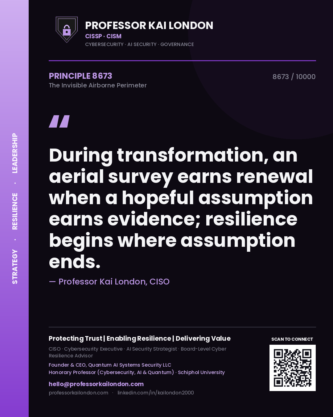 Quote card by Professor Kai London reading 'During transformation, an aerial survey earns renewal when a hopeful assumption earns evidence; resilience begins where assumption ends.'. From the book The Invisible Airborne Perimeter.