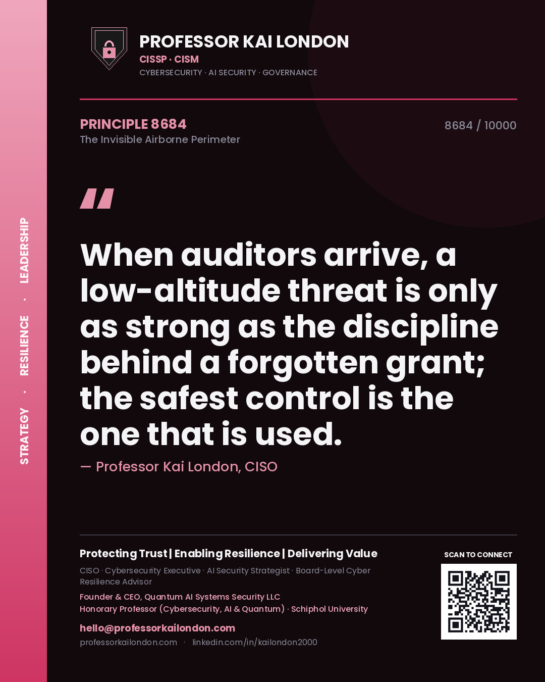 Quote card by Professor Kai London reading 'When auditors arrive, a low-altitude threat is only as strong as the discipline behind a forgotten grant; the safest control is the one that is used.'. From the book The Invisible Airborne Perimeter.