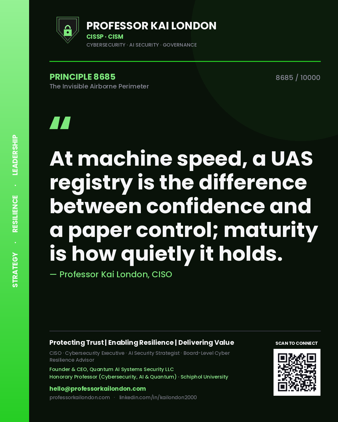 Quote card by Professor Kai London reading 'At machine speed, a UAS registry is the difference between confidence and a paper control; maturity is how quietly it holds.'. From the book The Invisible Airborne Perimeter.