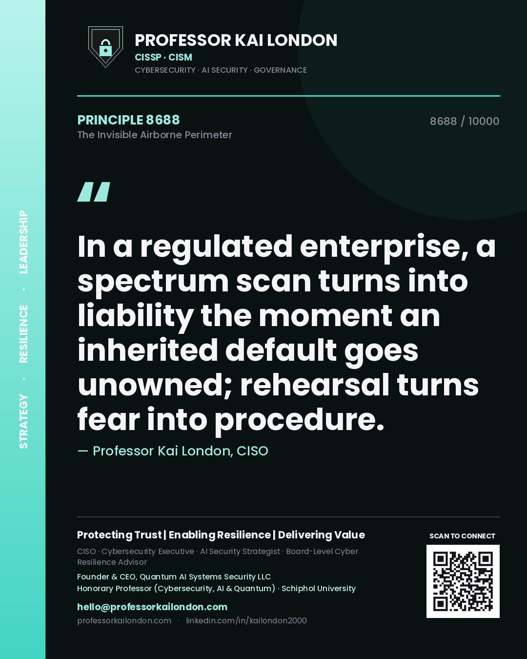 Quote card by Professor Kai London reading 'In a regulated enterprise, a spectrum scan turns into liability the moment an inherited default goes unowned; rehearsal turns fear into procedure.'. From the book The Invisible Airborne Perimeter.