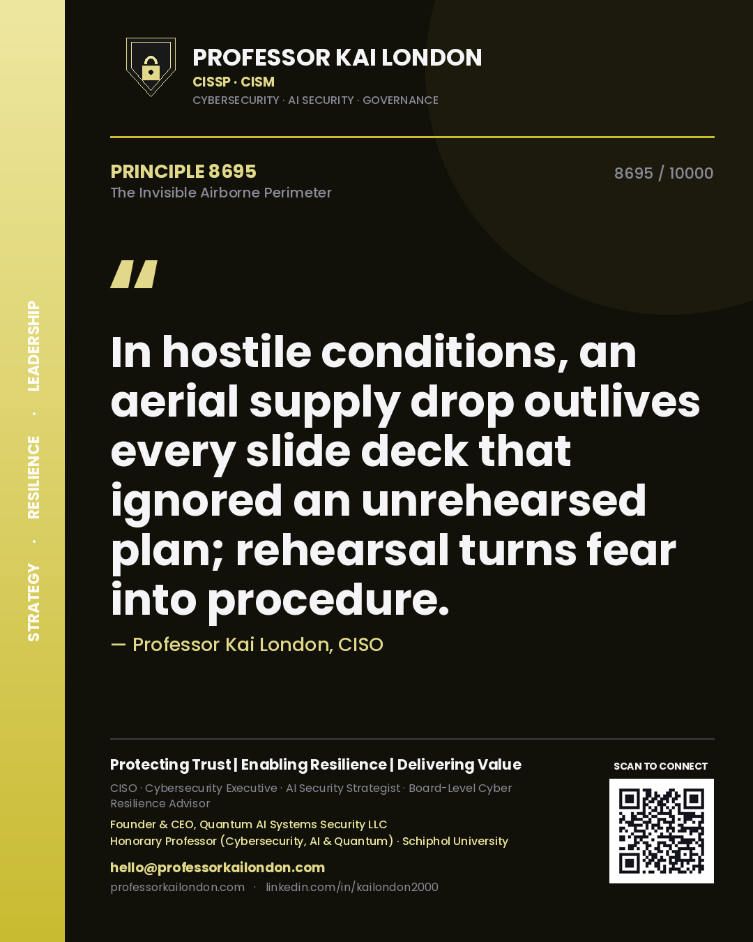 Quote card by Professor Kai London reading 'In hostile conditions, an aerial supply drop outlives every slide deck that ignored an unrehearsed plan; rehearsal turns fear into procedure.'. From the book The Invisible Airborne Perimeter.