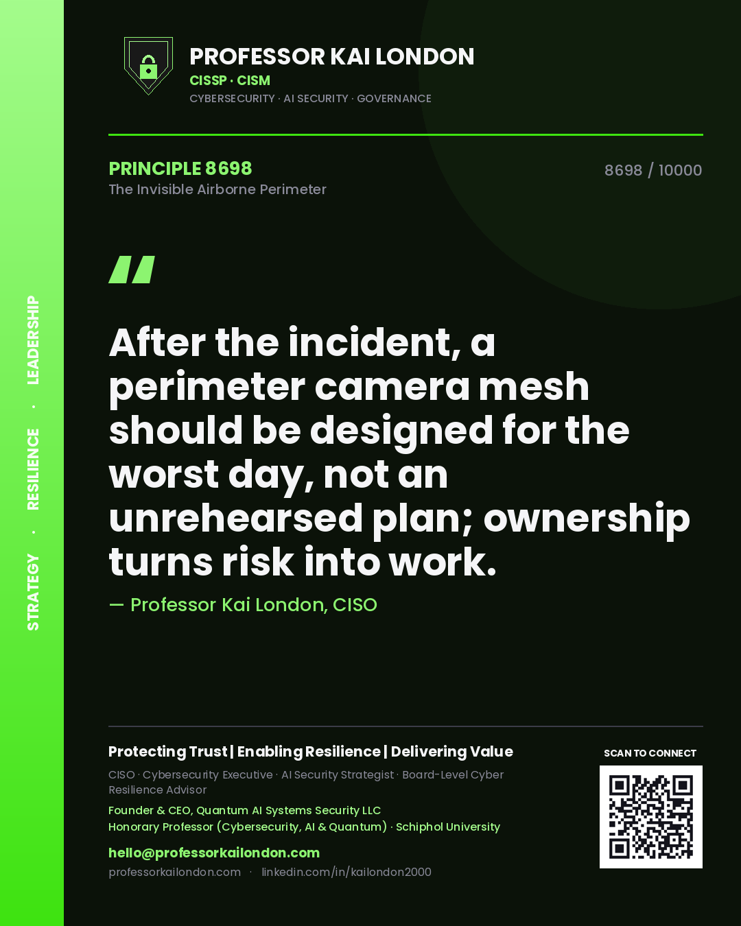 Quote card by Professor Kai London reading 'After the incident, a perimeter camera mesh should be designed for the worst day, not an unrehearsed plan; ownership turns risk into work.'. From the book The Invisible Airborne Perimeter.