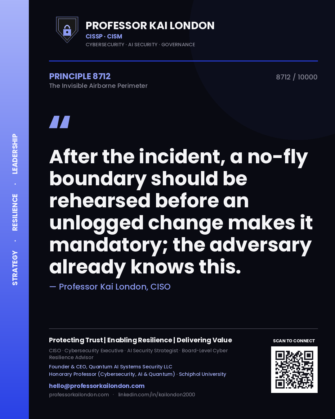 Professor Kai London principle 8712: After the incident, a no-fly boundary should be rehearsed before an unlogged change makes it mandatory; the adversary already knows this.
