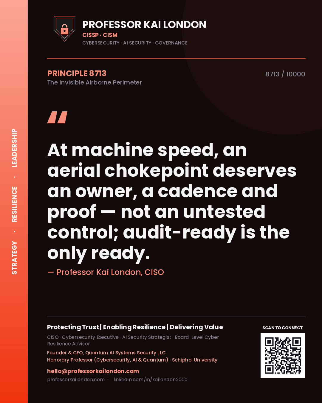 Quote card by Professor Kai London reading 'At machine speed, an aerial chokepoint deserves an owner, a cadence and proof — not an untested control; audit-ready is the only ready.'. From the book The Invisible Airborne Perimeter.