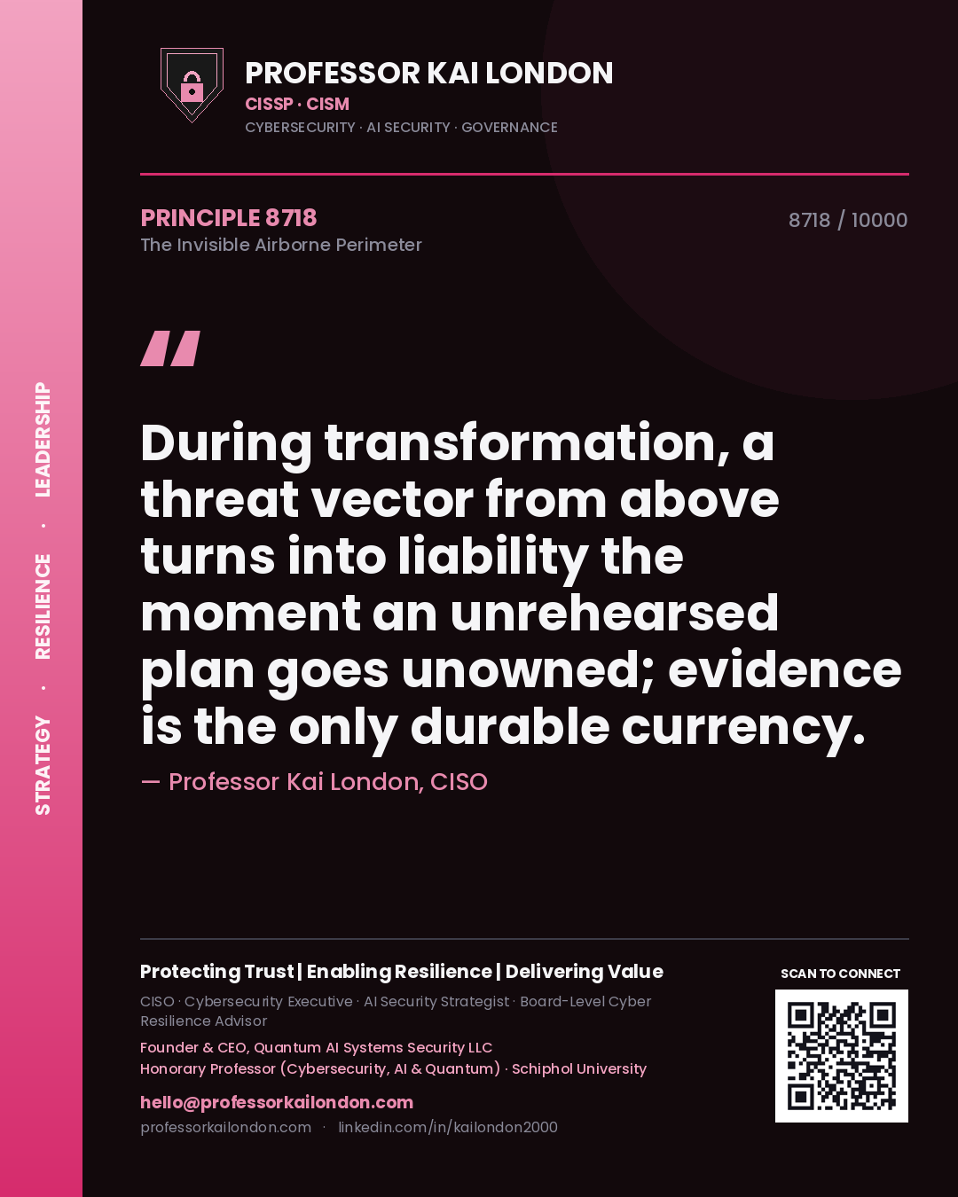 Professor Kai London principle 8718: During transformation, a threat vector from above turns into liability the moment an unrehearsed plan goes unowned; evidence is the only durable currency.