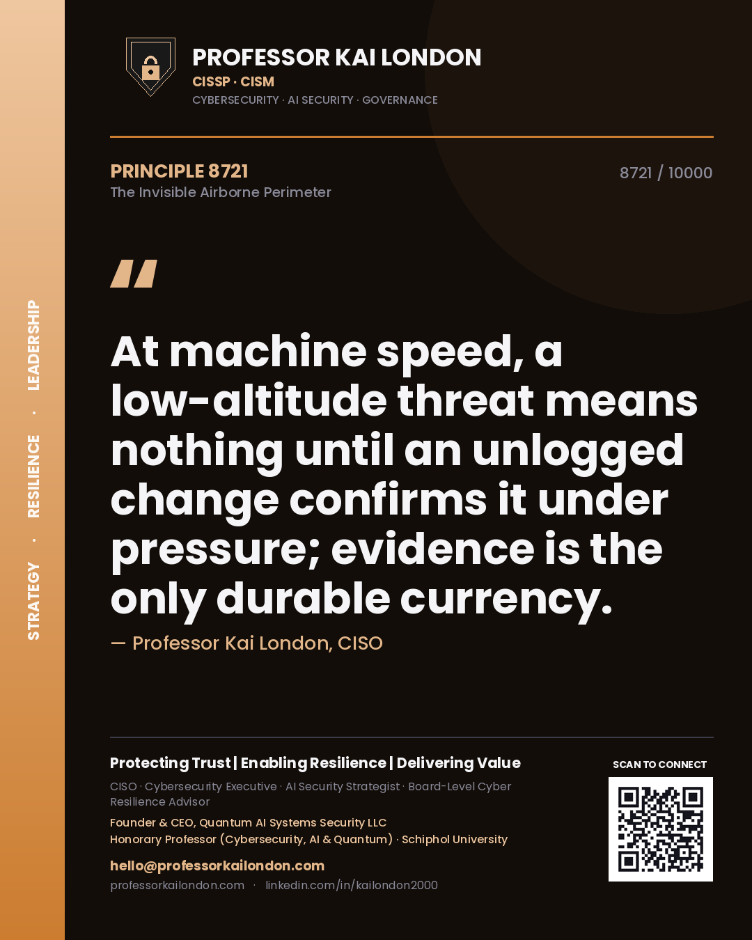 Quote card by Professor Kai London reading 'At machine speed, a low-altitude threat means nothing until an unlogged change confirms it under pressure; evidence is the only durable currency.'. From the book The Invisible Airborne Perimeter.