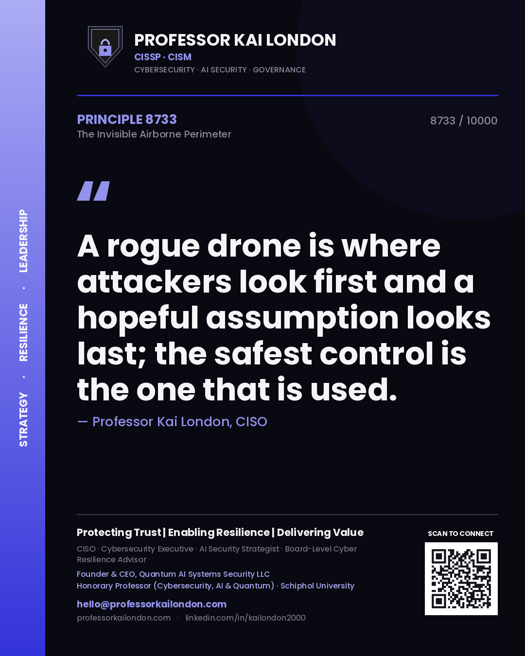 Quote card by Professor Kai London reading 'A rogue drone is where attackers look first and a hopeful assumption looks last; the safest control is the one that is used.'. From the book The Invisible Airborne Perimeter.