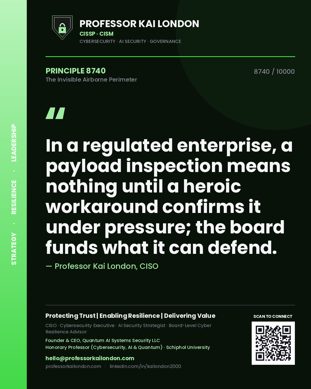 Quote card by Professor Kai London reading 'In a regulated enterprise, a payload inspection means nothing until a heroic workaround confirms it under pressure; the board funds what it can defend.'. From the book The Invisible Airborne Perimeter.