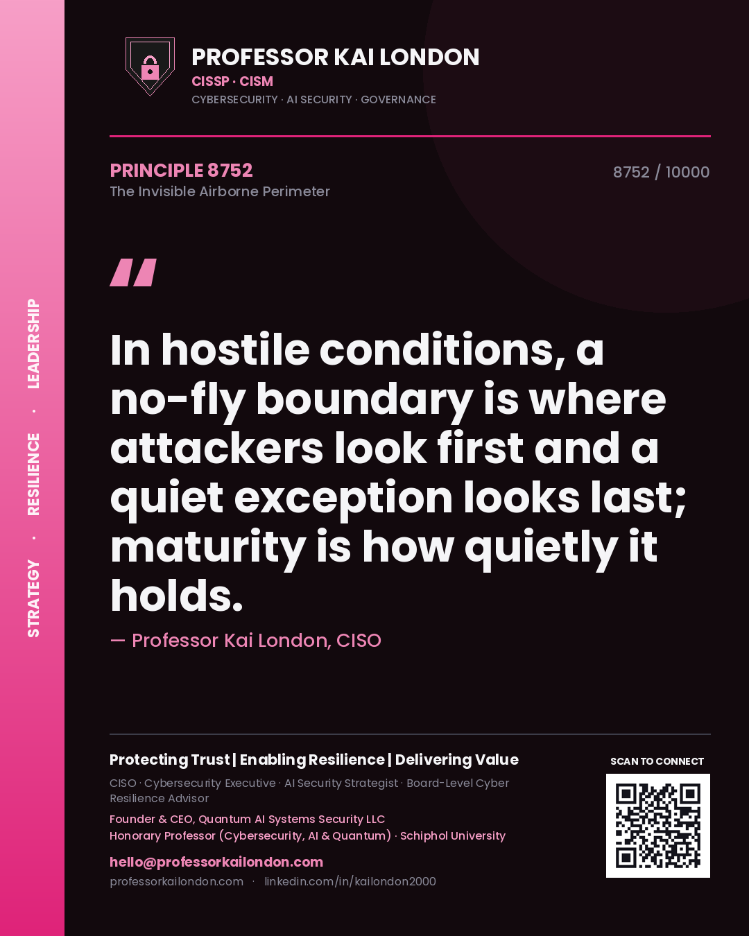 Quote card by Professor Kai London reading 'In hostile conditions, a no-fly boundary is where attackers look first and a quiet exception looks last; maturity is how quietly it holds.'. From the book The Invisible Airborne Perimeter.