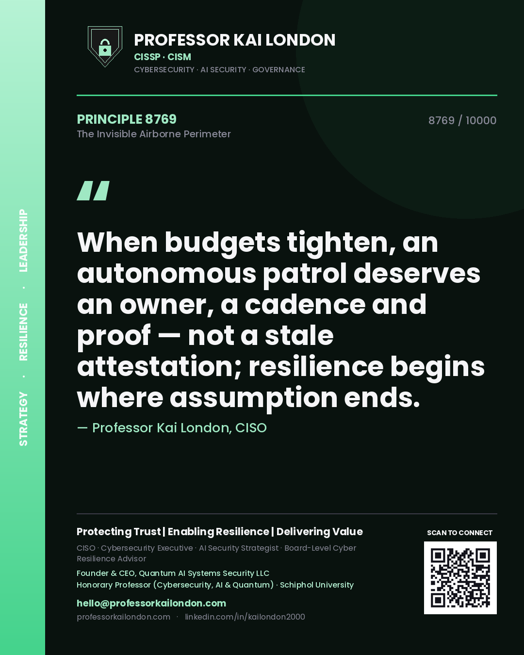 Quote card by Professor Kai London reading 'When budgets tighten, an autonomous patrol deserves an owner, a cadence and proof — not a stale attestation; resilience begins where assumption ends.'. From the book The Invisible Airborne Perimeter.
