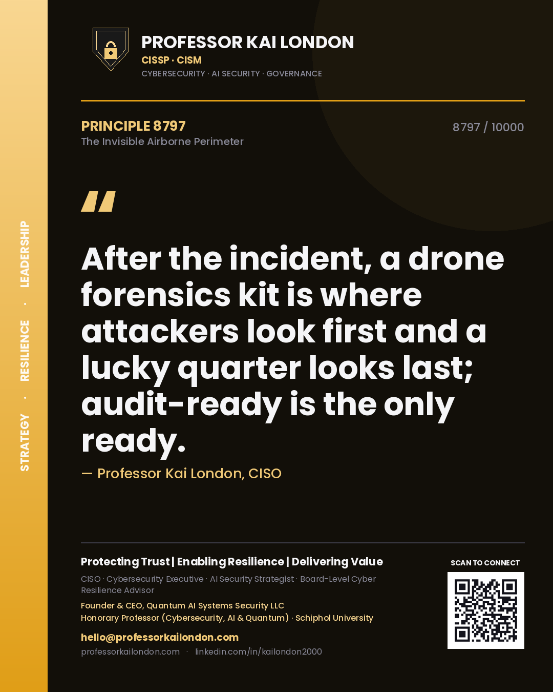 Professor Kai London principle 8797: After the incident, a drone forensics kit is where attackers look first and a lucky quarter looks last; audit-ready is the only ready.