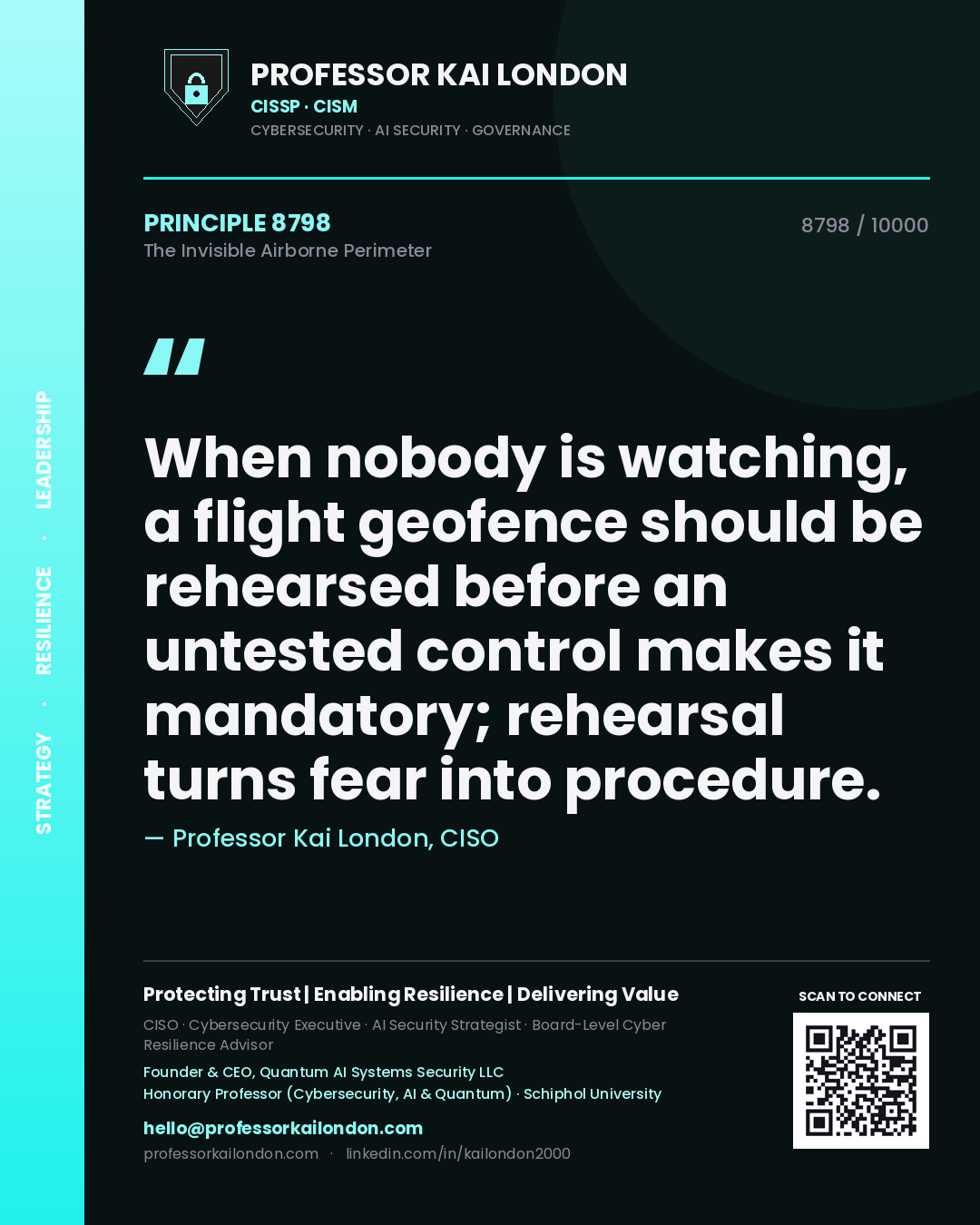 Professor Kai London principle 8798: When nobody is watching, a flight geofence should be rehearsed before an untested control makes it mandatory; rehearsal turns fear into procedure.