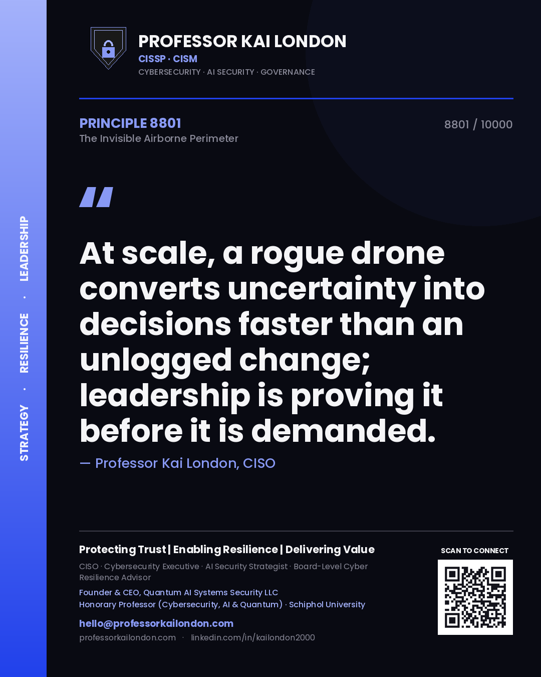 Professor Kai London principle 8801: At scale, a rogue drone converts uncertainty into decisions faster than an unlogged change; leadership is proving it before it is demanded.