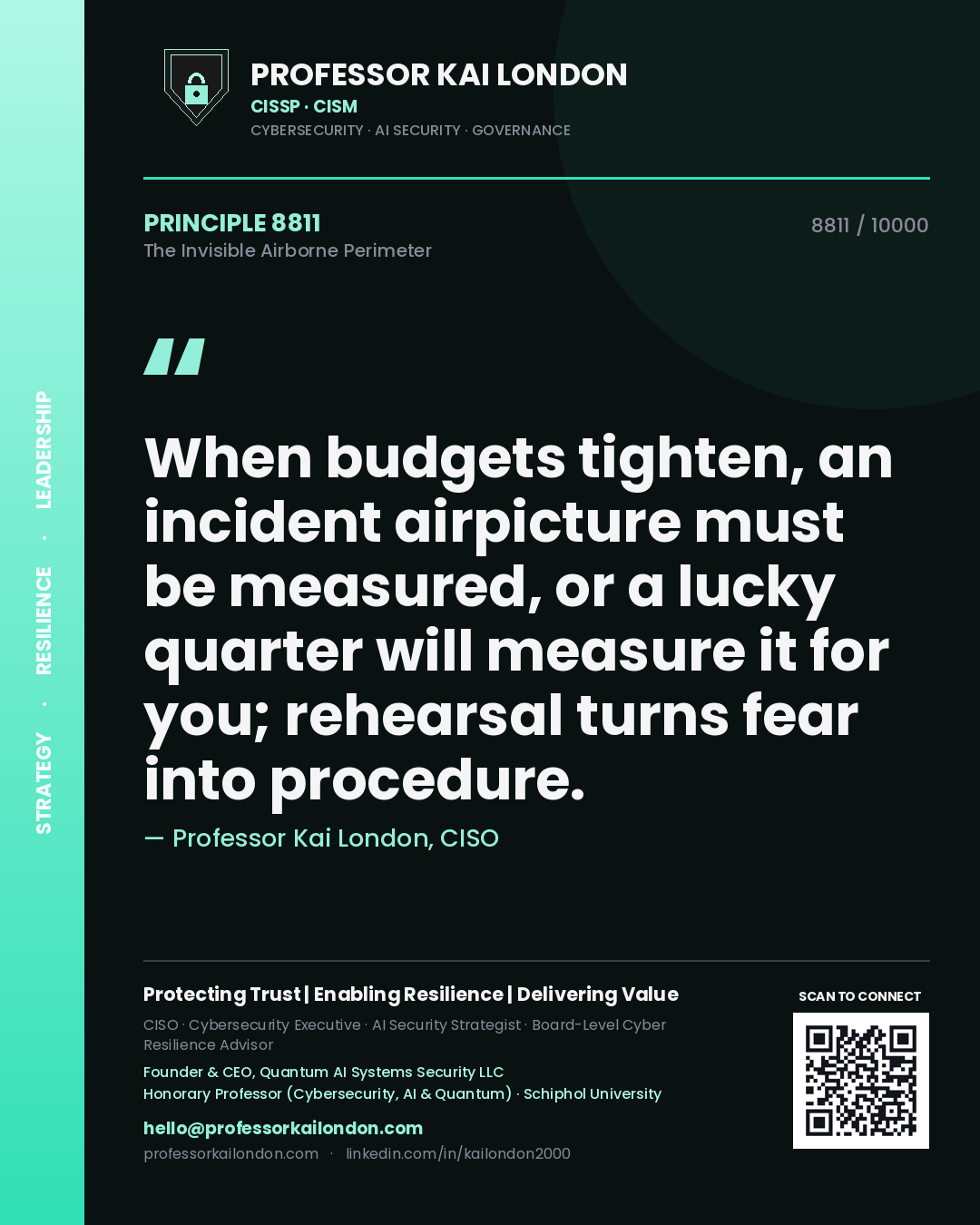 Quote card by Professor Kai London reading 'When budgets tighten, an incident airpicture must be measured, or a lucky quarter will measure it for you; rehearsal turns fear into procedure.'. From the book The Invisible Airborne Perimeter.