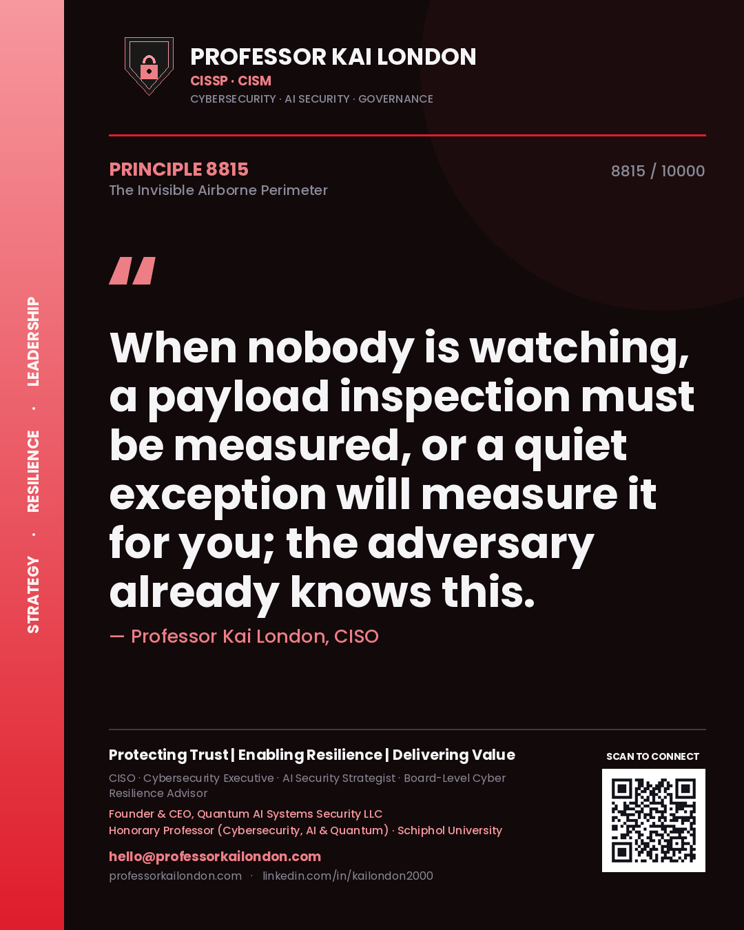 Quote card by Professor Kai London reading 'When nobody is watching, a payload inspection must be measured, or a quiet exception will measure it for you; the adversary already knows this.'. From the book The Invisible Airborne Perimeter.