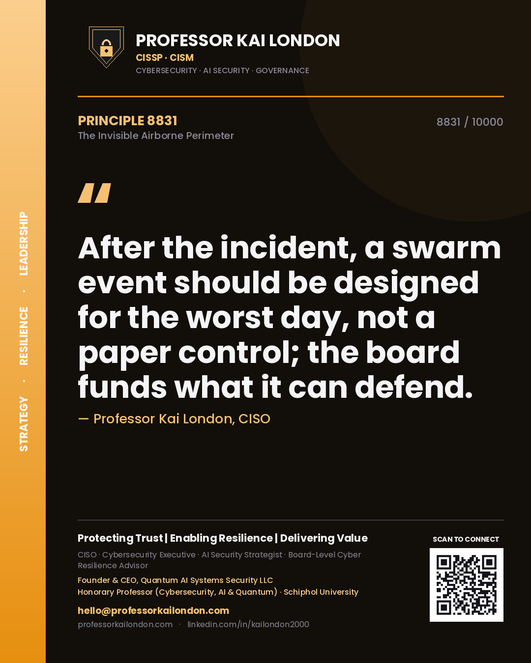 Quote card by Professor Kai London reading 'After the incident, a swarm event should be designed for the worst day, not a paper control; the board funds what it can defend.'. From the book The Invisible Airborne Perimeter.
