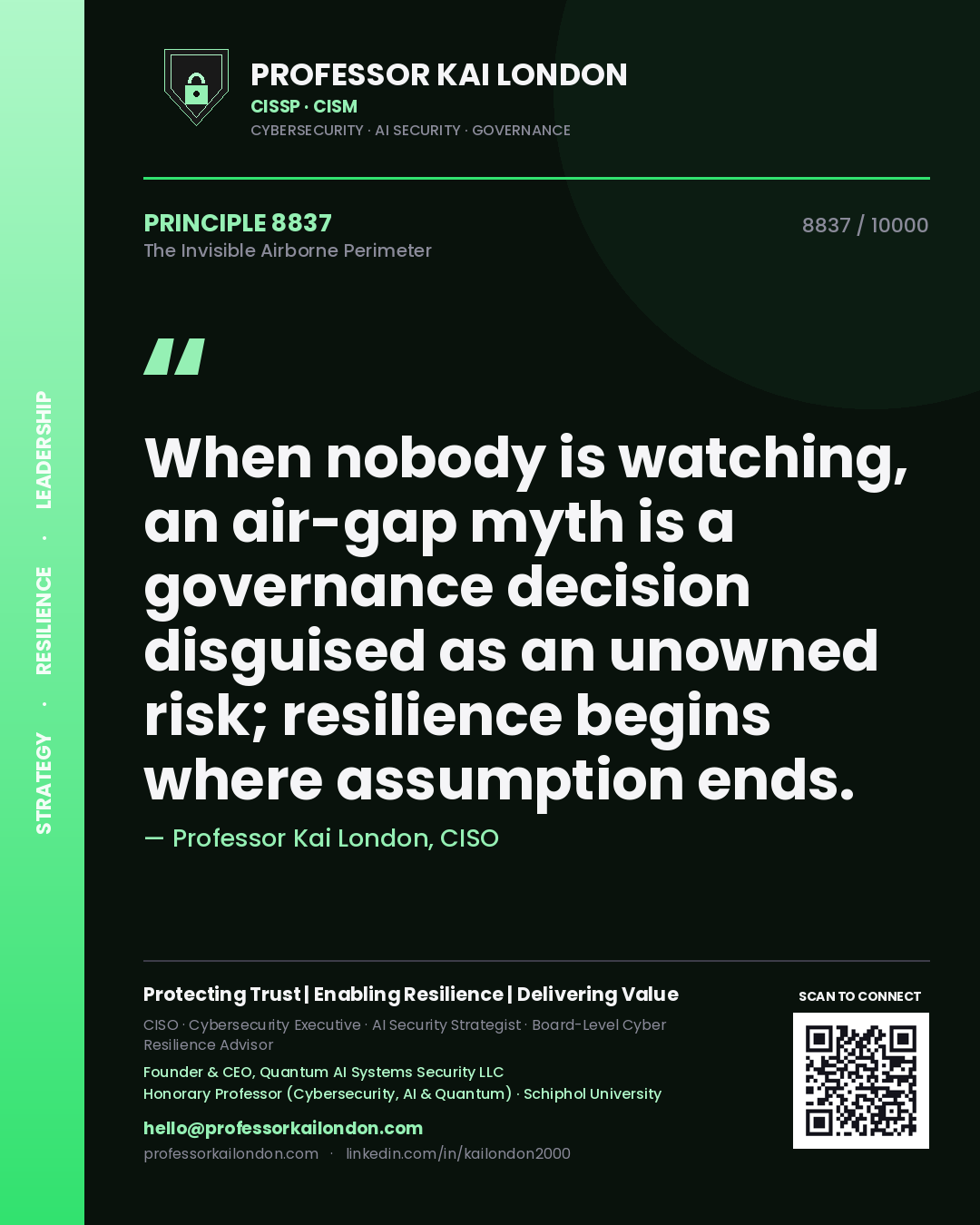 Quote card by Professor Kai London reading 'When nobody is watching, an air-gap myth is a governance decision disguised as an unowned risk; resilience begins where assumption ends.'. From the book The Invisible Airborne Perimeter.