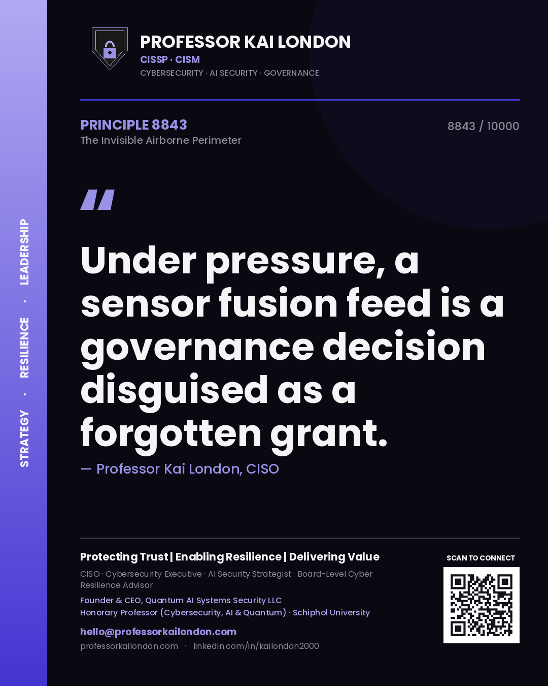 Quote card by Professor Kai London reading 'Under pressure, a sensor fusion feed is a governance decision disguised as a forgotten grant.'. From the book The Invisible Airborne Perimeter.