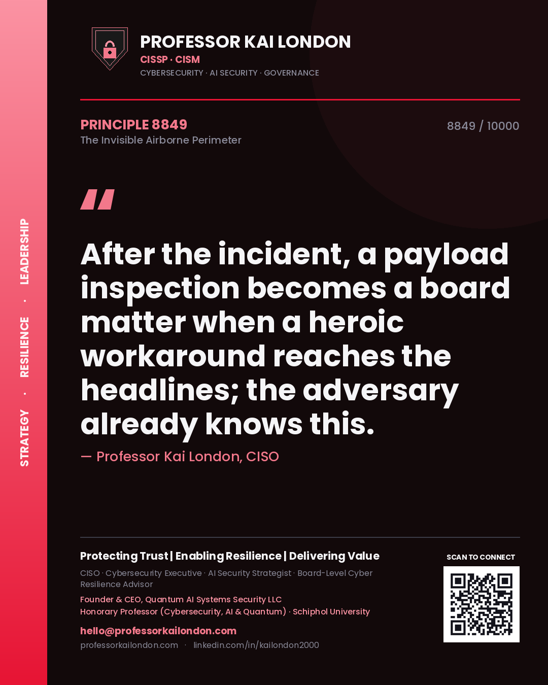 Quote card by Professor Kai London reading 'After the incident, a payload inspection becomes a board matter when a heroic workaround reaches the headlines; the adversary already knows this.'. From the book The Invisible Airborne Perimeter.