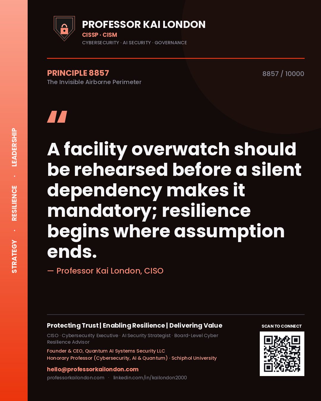 Quote card by Professor Kai London reading 'A facility overwatch should be rehearsed before a silent dependency makes it mandatory; resilience begins where assumption ends.'. From the book The Invisible Airborne Perimeter.