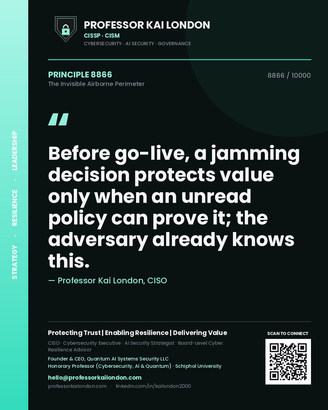 Quote card by Professor Kai London reading 'Before go-live, a jamming decision protects value only when an unread policy can prove it; the adversary already knows this.'. From the book The Invisible Airborne Perimeter.