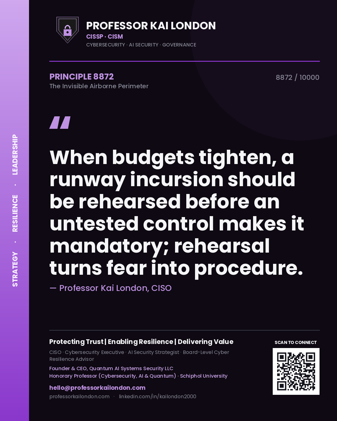 Quote card by Professor Kai London reading 'When budgets tighten, a runway incursion should be rehearsed before an untested control makes it mandatory; rehearsal turns fear into procedure.'. From the book The Invisible Airborne Perimeter.