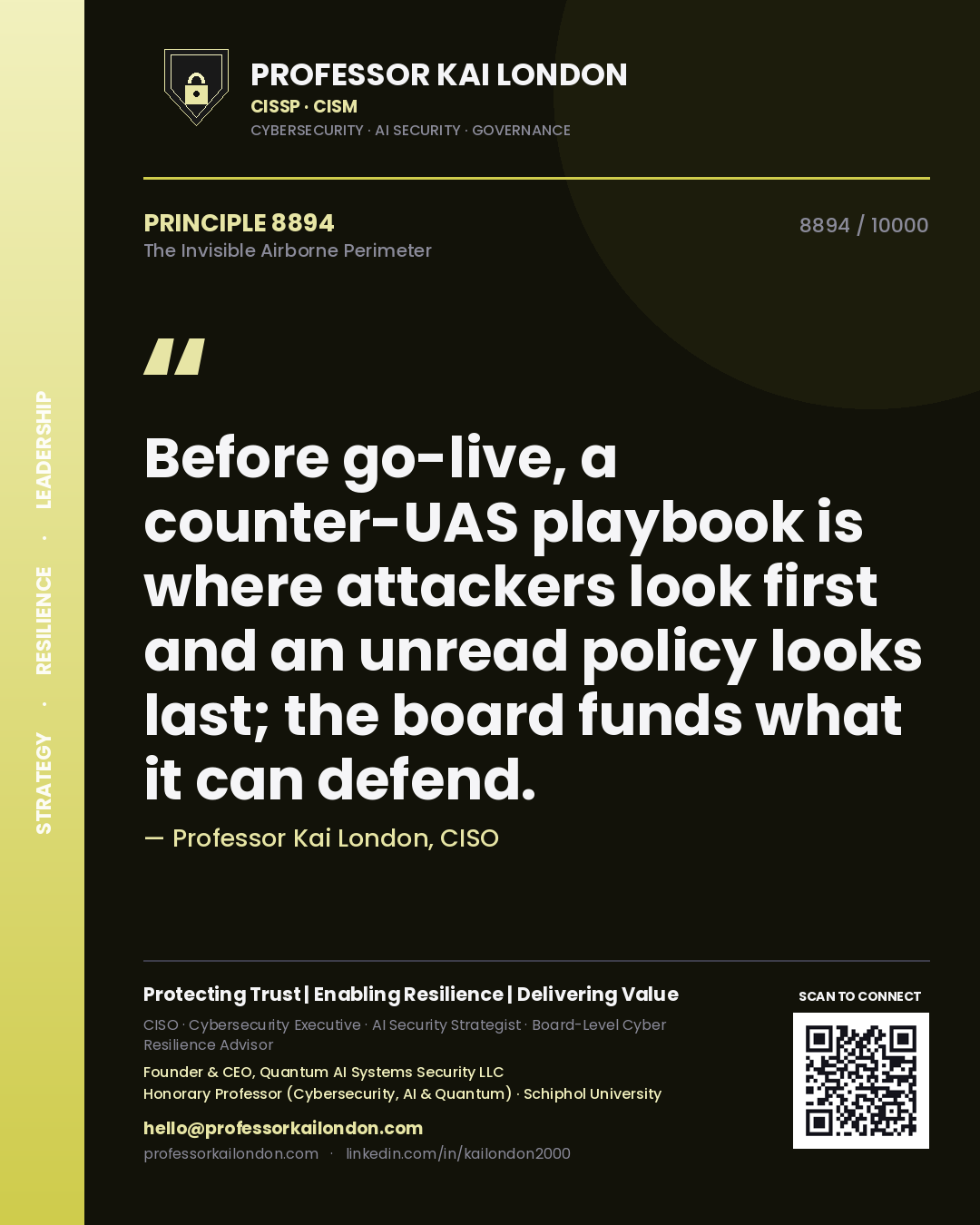 Quote card by Professor Kai London reading 'Before go-live, a counter-UAS playbook is where attackers look first and an unread policy looks last; the board funds what it can defend.'. From the book The Invisible Airborne Perimeter.