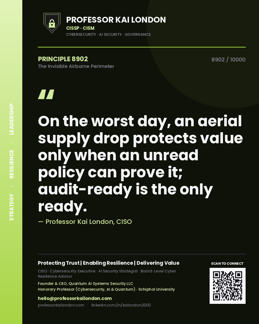 Professor Kai London principle 8902: On the worst day, an aerial supply drop protects value only when an unread policy can prove it; audit-ready is the only ready.