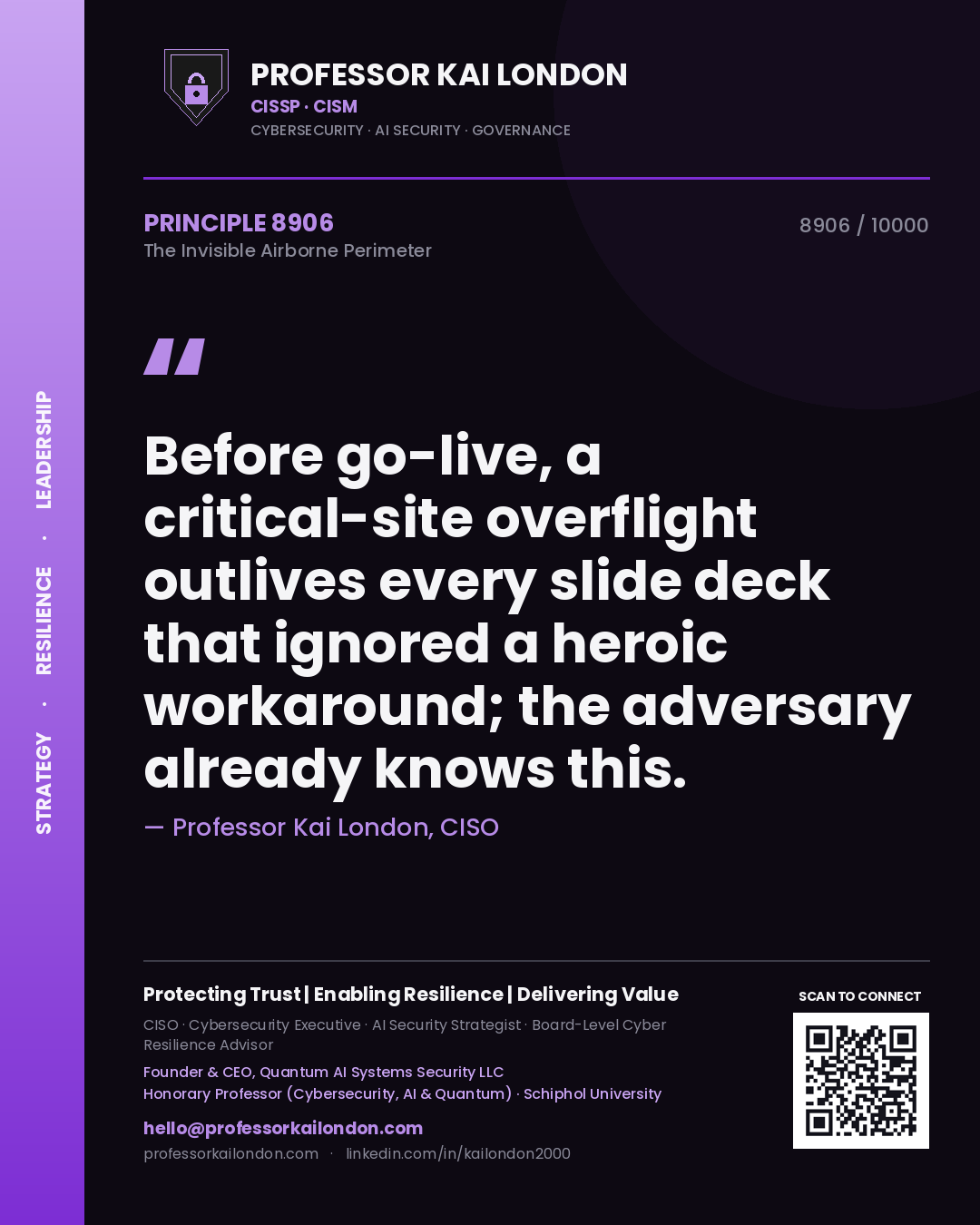 Professor Kai London principle 8906: Before go-live, a critical-site overflight outlives every slide deck that ignored a heroic workaround; the adversary already knows this.
