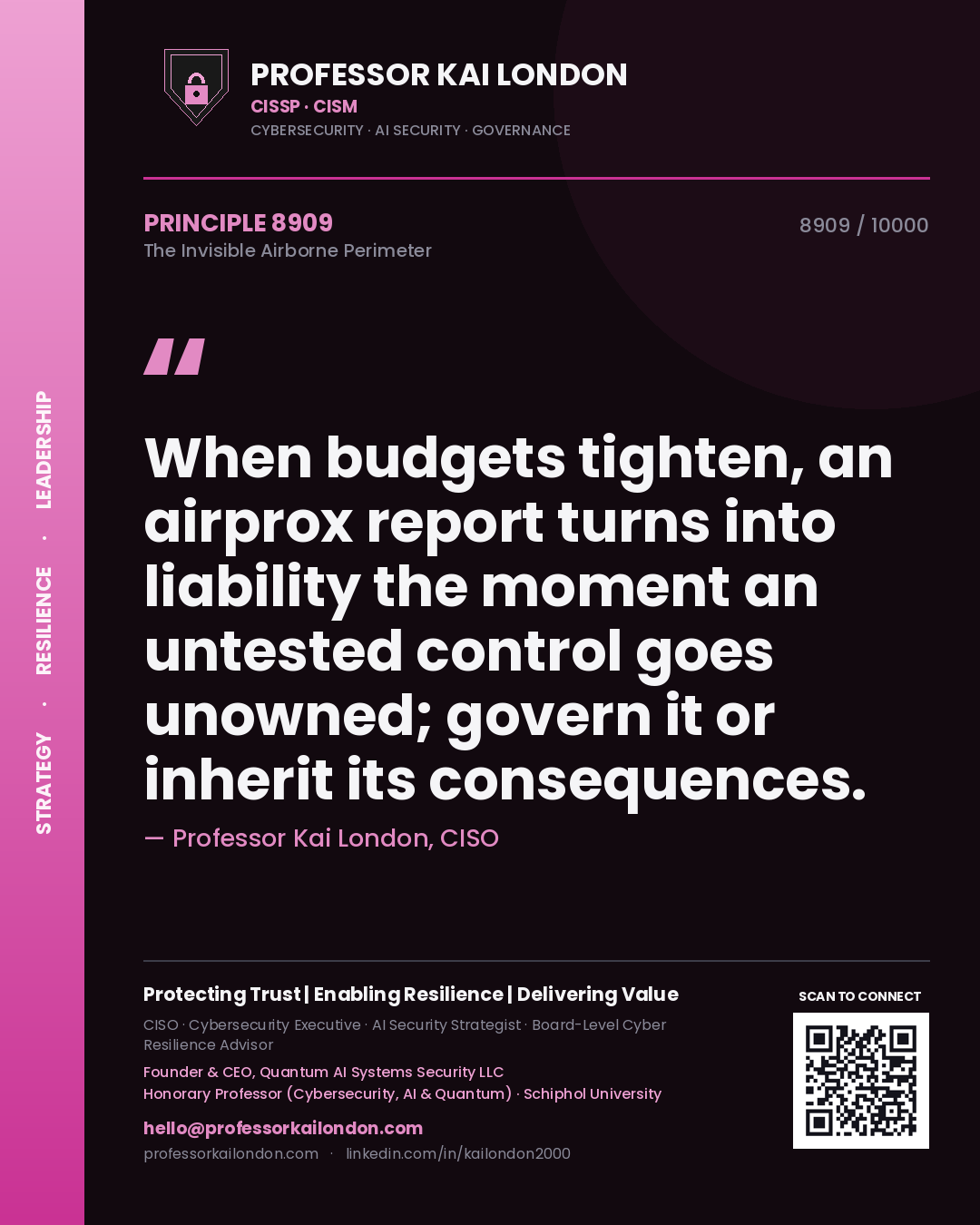 Quote card by Professor Kai London reading 'When budgets tighten, an airprox report turns into liability the moment an untested control goes unowned; govern it or inherit its consequences.'. From the book The Invisible Airborne Perimeter.