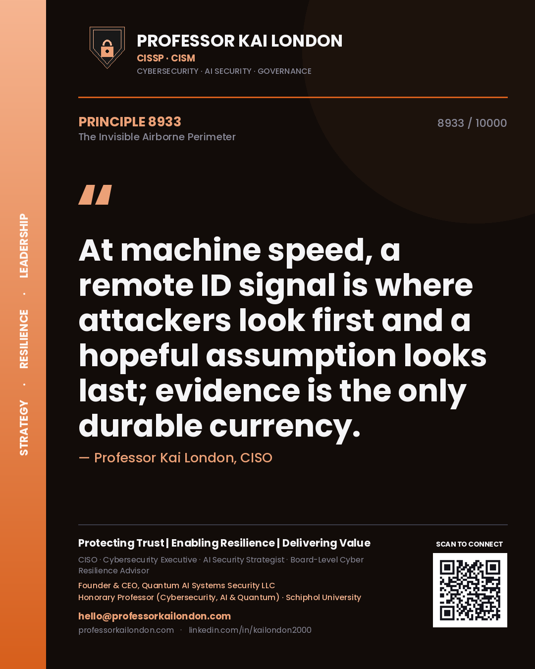 Professor Kai London principle 8933: At machine speed, a remote ID signal is where attackers look first and a hopeful assumption looks last; evidence is the only durable currency.