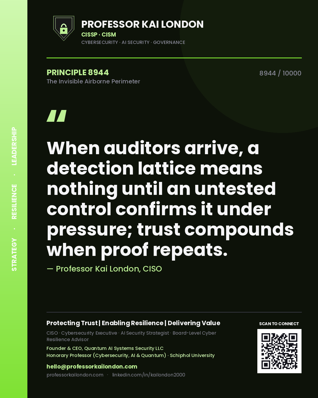 Professor Kai London principle 8944: When auditors arrive, a detection lattice means nothing until an untested control confirms it under pressure; trust compounds when proof repeats.