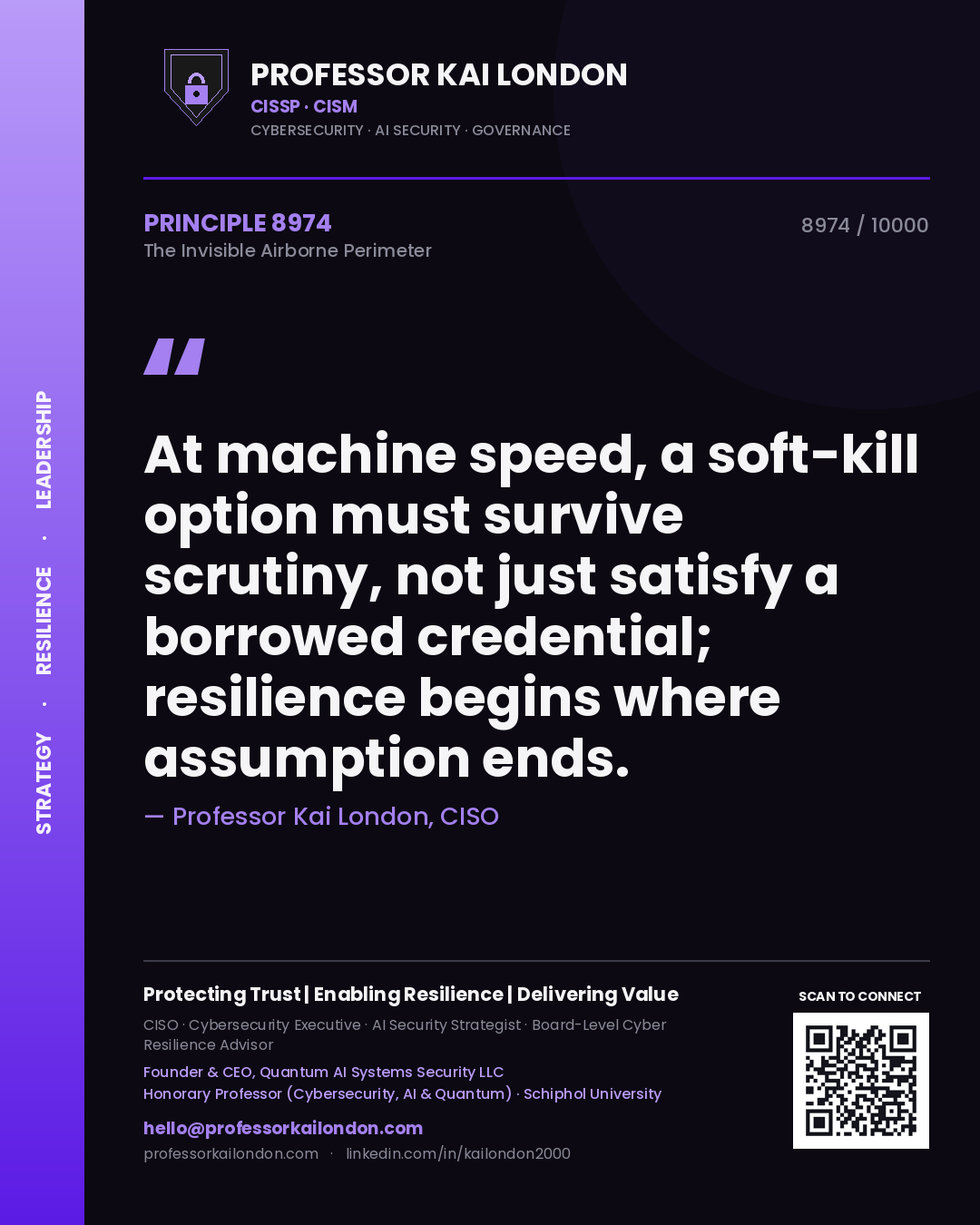 Quote card by Professor Kai London reading 'At machine speed, a soft-kill option must survive scrutiny, not just satisfy a borrowed credential; resilience begins where assumption ends.'. From the book The Invisible Airborne Perimeter.