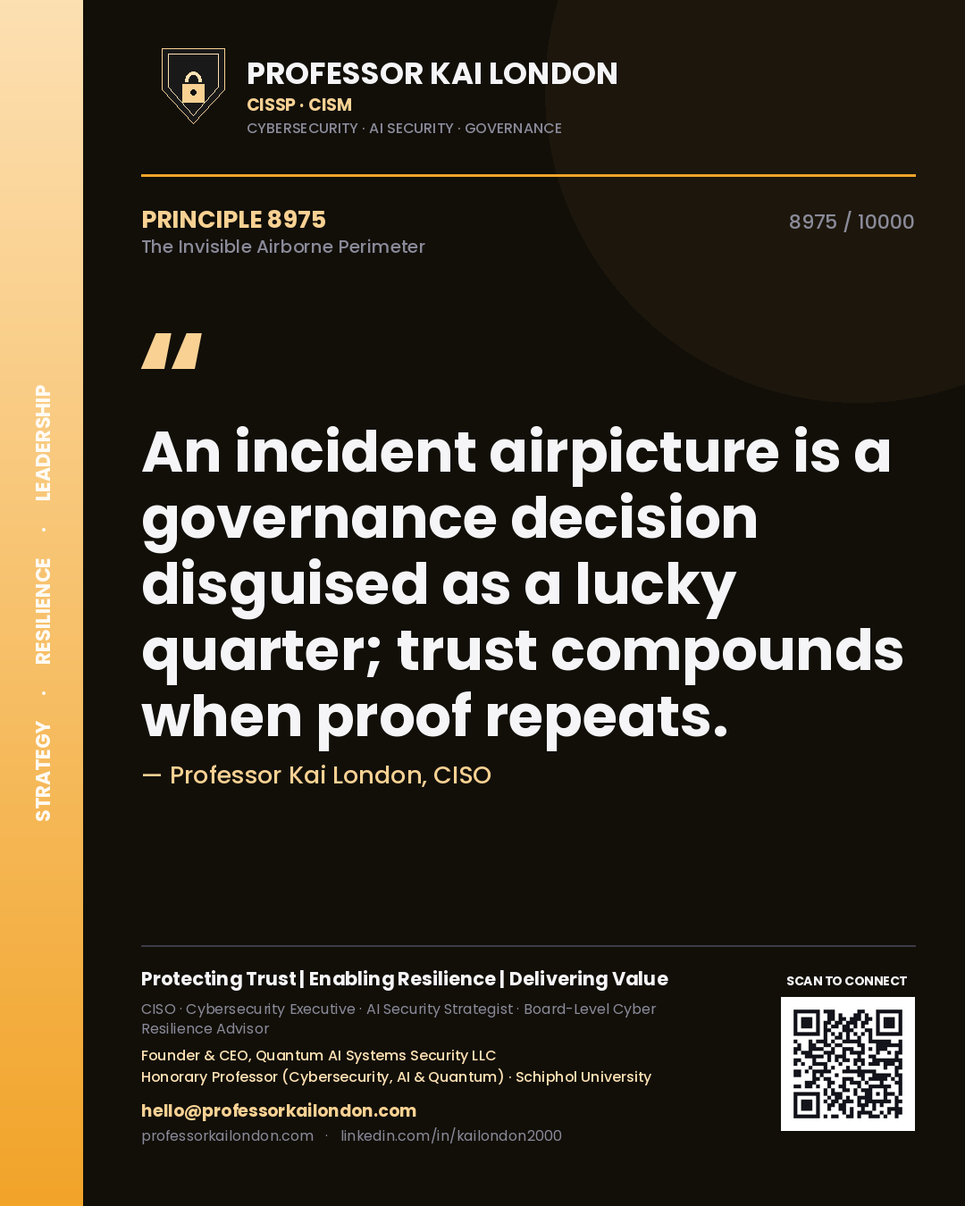 Quote card by Professor Kai London reading 'An incident airpicture is a governance decision disguised as a lucky quarter; trust compounds when proof repeats.'. From the book The Invisible Airborne Perimeter.