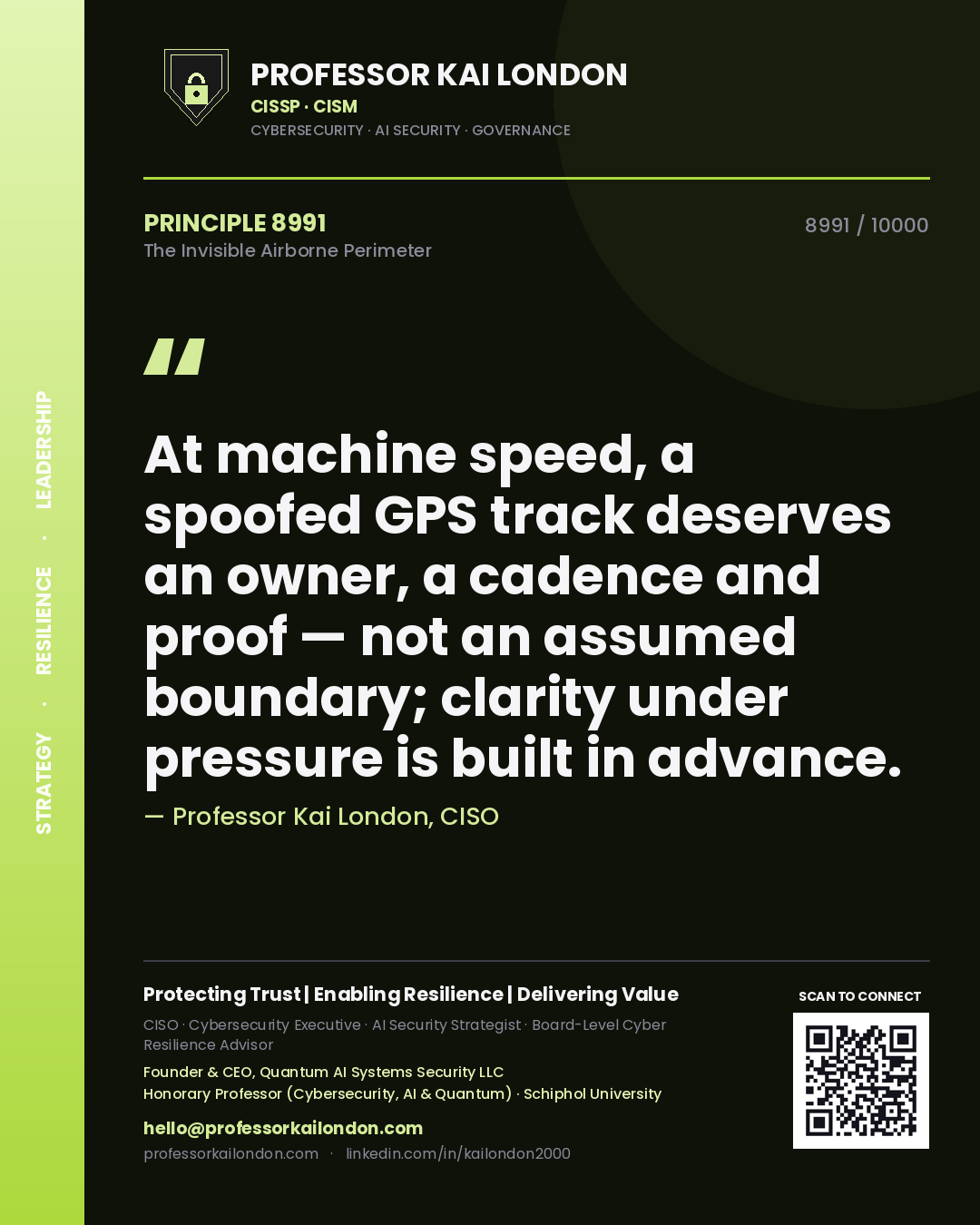 Quote card by Professor Kai London reading 'At machine speed, a spoofed GPS track deserves an owner, a cadence and proof — not an assumed boundary; clarity under pressure is built in advance.'. From the book The Invisible Airborne Perimeter.
