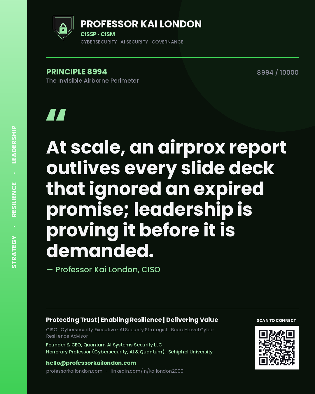 Professor Kai London principle 8994: At scale, an airprox report outlives every slide deck that ignored an expired promise; leadership is proving it before it is demanded.