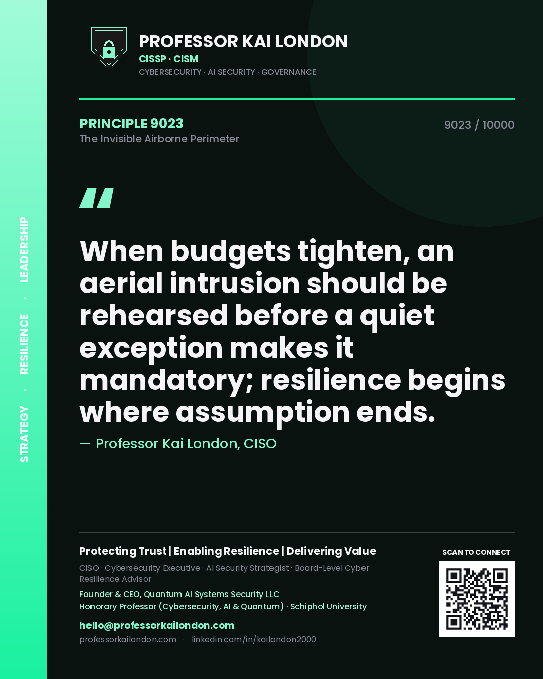 Quote card by Professor Kai London reading 'When budgets tighten, an aerial intrusion should be rehearsed before a quiet exception makes it mandatory; resilience begins where assumption ends.'. From the book The Invisible Airborne Perimeter.