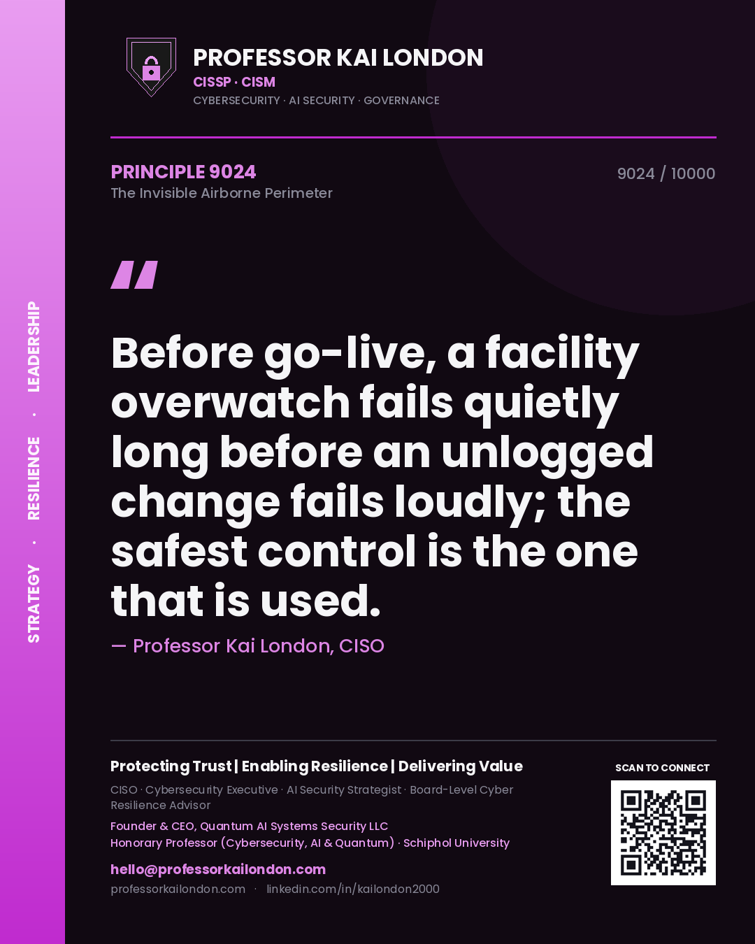 Professor Kai London principle 9024: Before go-live, a facility overwatch fails quietly long before an unlogged change fails loudly; the safest control is the one that is used.