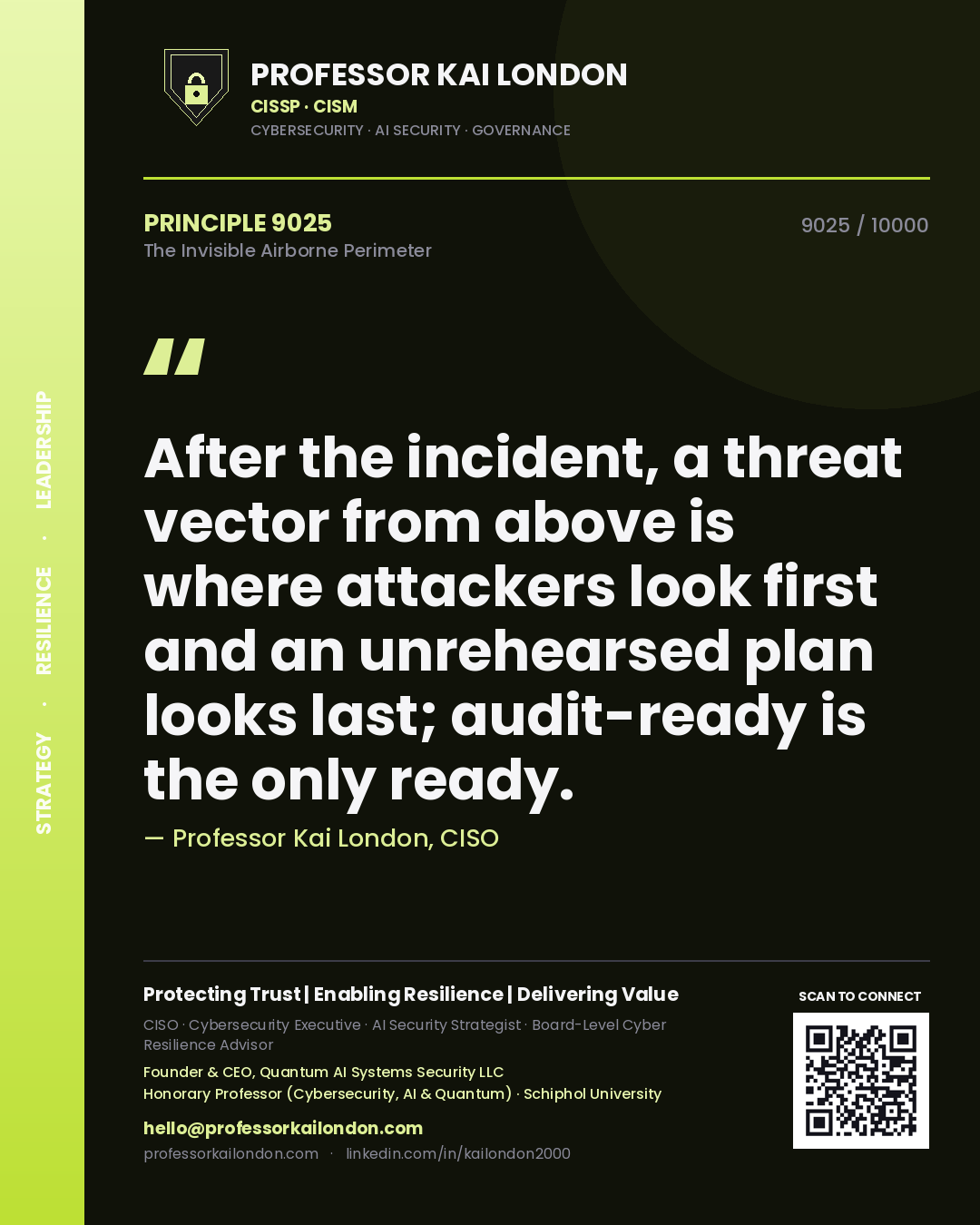 Quote card by Professor Kai London reading 'After the incident, a threat vector from above is where attackers look first and an unrehearsed plan looks last; audit-ready is the only ready.'. From the book The Invisible Airborne Perimeter.