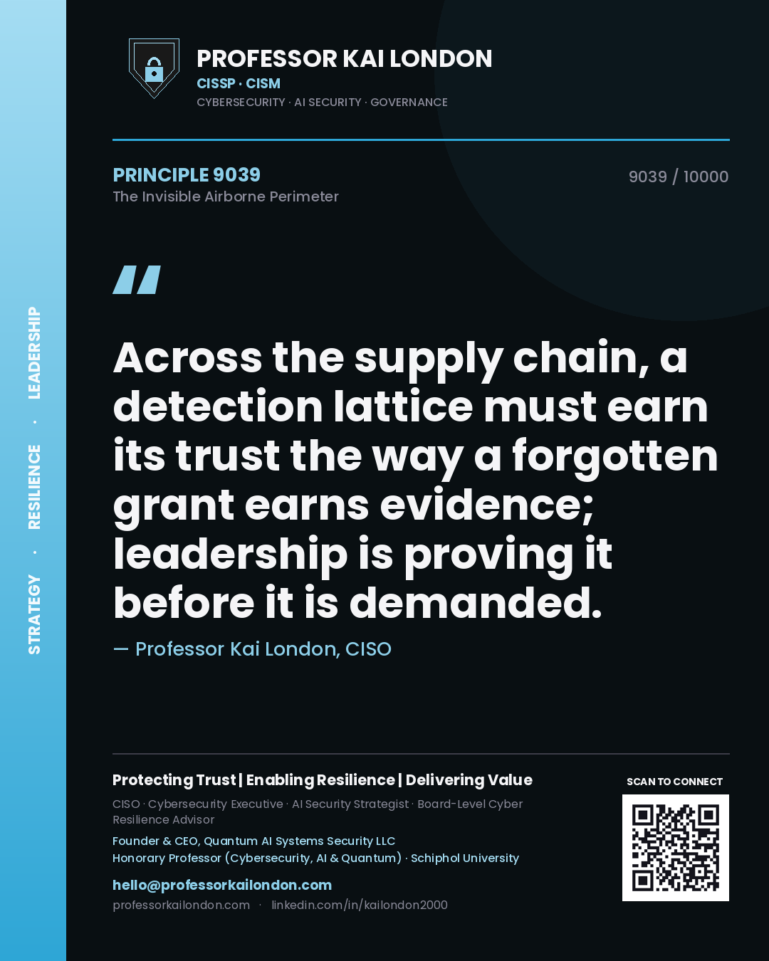 Quote card by Professor Kai London reading 'Across the supply chain, a detection lattice must earn its trust the way a forgotten grant earns evidence; leadership is proving it before it is demanded.'. From the book The Invisible Airborne Perimeter.