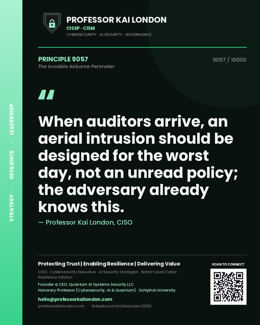 Professor Kai London principle 9057: When auditors arrive, an aerial intrusion should be designed for the worst day, not an unread policy; the adversary already knows this.