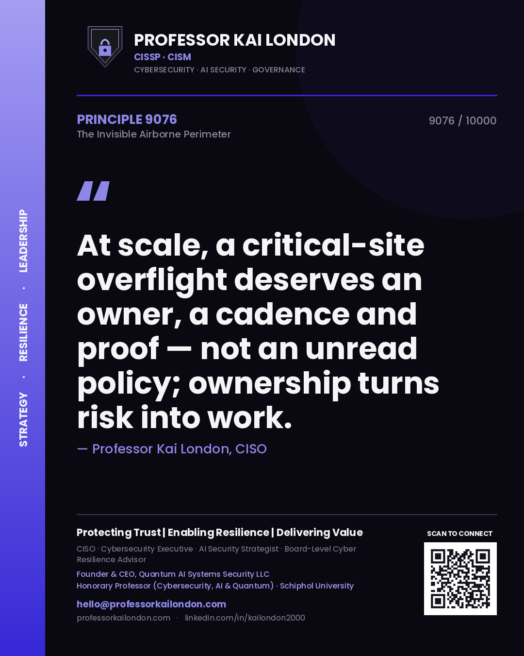 Quote card by Professor Kai London reading 'At scale, a critical-site overflight deserves an owner, a cadence and proof — not an unread policy; ownership turns risk into work.'. From the book The Invisible Airborne Perimeter.