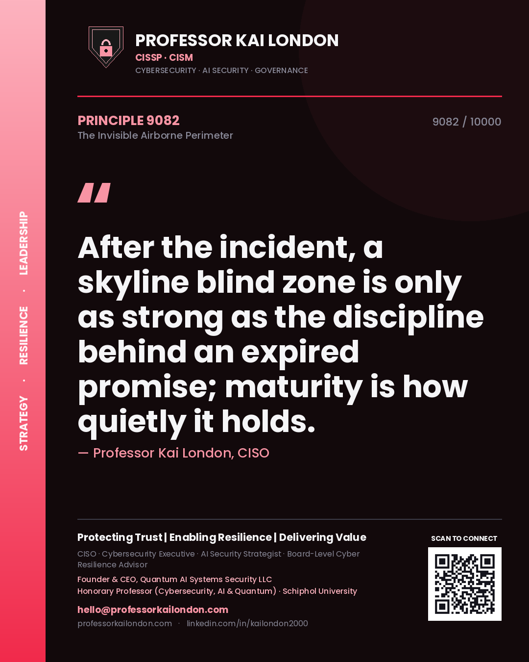 Quote card by Professor Kai London reading 'After the incident, a skyline blind zone is only as strong as the discipline behind an expired promise; maturity is how quietly it holds.'. From the book The Invisible Airborne Perimeter.