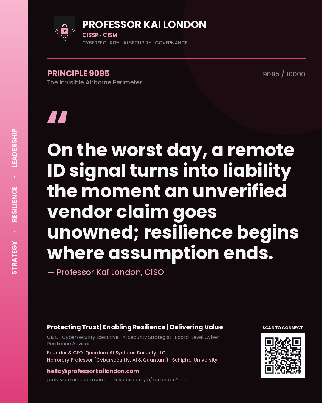 Quote card by Professor Kai London reading 'On the worst day, a remote ID signal turns into liability the moment an unverified vendor claim goes unowned; resilience begins where assumption ends.'. From the book The Invisible Airborne Perimeter.
