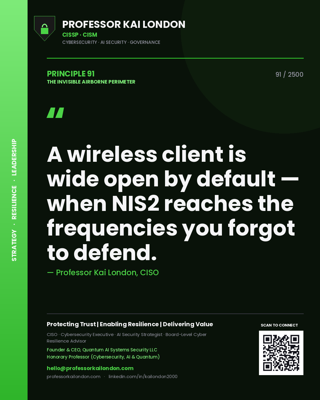 Quote card by Professor Kai London reading 'A wireless client is wide open by default — when NIS2 reaches the frequencies you forgot to defend.'. From the book The Invisible Airborne Perimeter.
